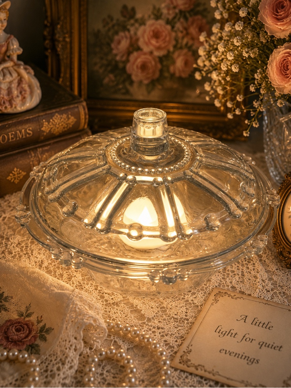 Vintage Clear Glass Fairy Lamp | Paneled Dome & Beaded Rim